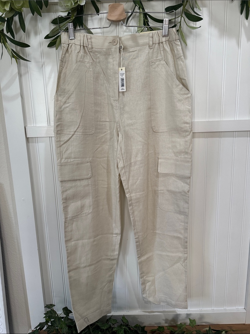 #314 MAX STUDIO Cream Linen Straight-Leg Cargo Joggers NWT Medium